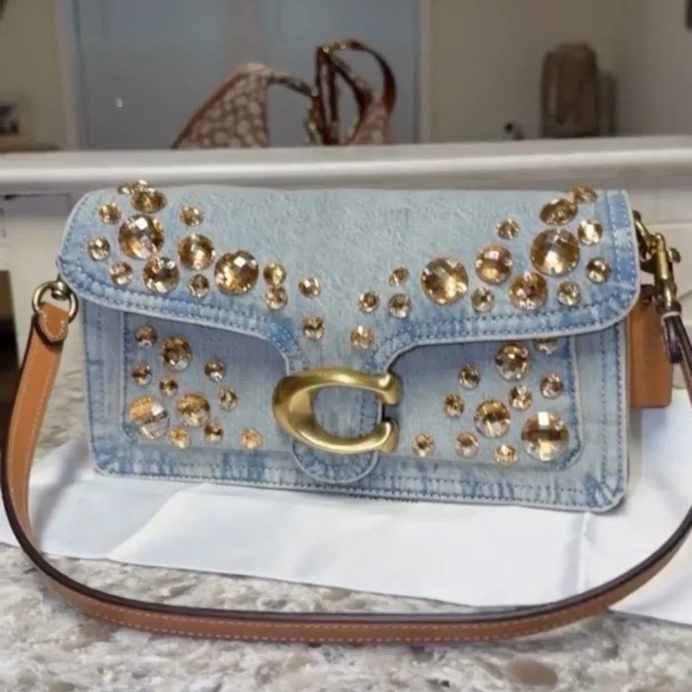 Coach Tabby 26 Denim Shoulder Bag Crystal Embellished Blue Gold Crossbody NWT - Picture 6 of 12